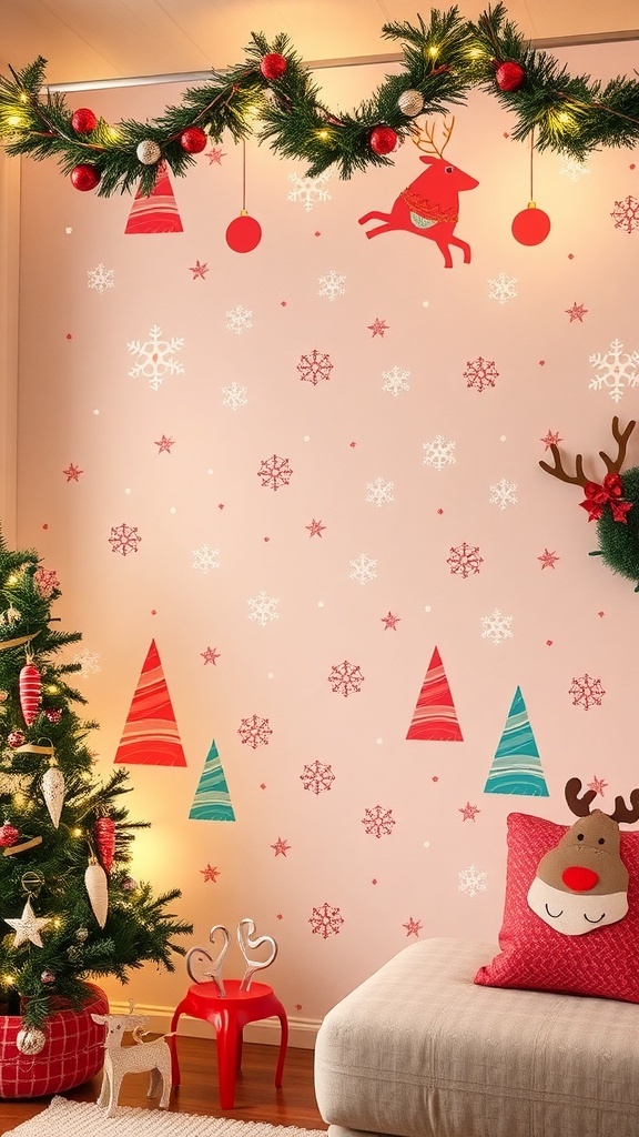 A wall with cute Christmas-themed wallpaper featuring snowflakes, trees, and reindeer in pastel colors.
